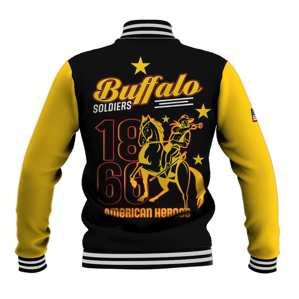 Black and yellow baseball jacket with striped cuffs, back graphic Buffalo Soldiers and 1866