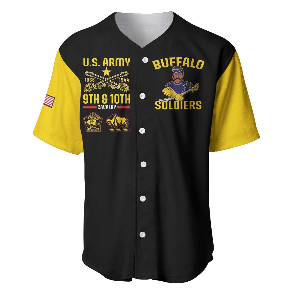 Black baseball jersey with yellow sleeves, button front, Buffalo Soldiers graphic, U.S. Army