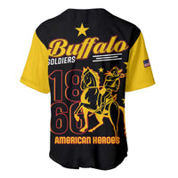 Back of black baseball jersey with yellow sleeves, Buffalo logo and 10 66 American heroes art
