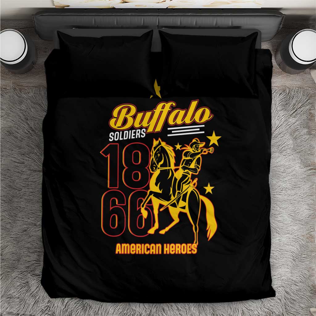 Black duvet cover with yellow and red Buffalo Soldiers 18 66 graphic, two pillowcases.