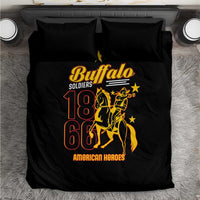 Black duvet cover with yellow and red Buffalo Soldiers 18 66 graphic, two pillowcases.