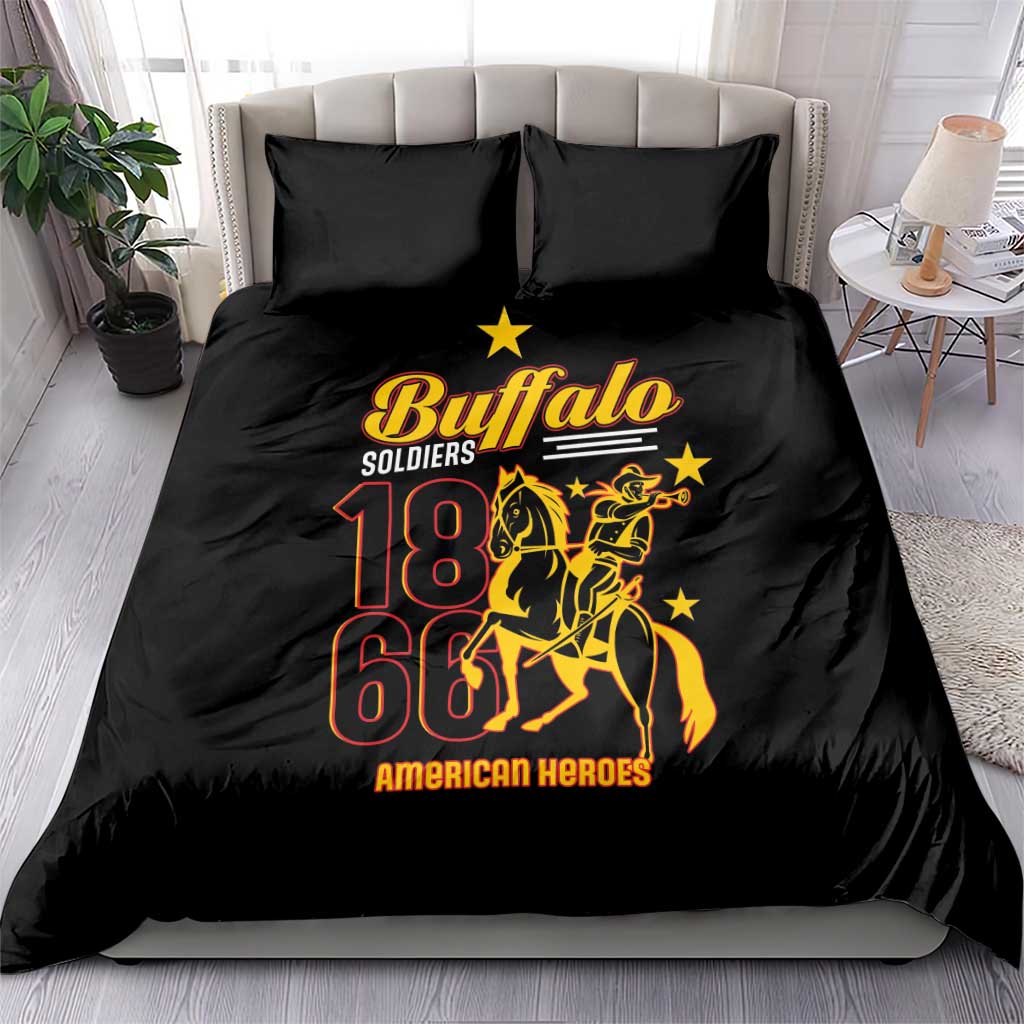 Black duvet cover with Buffalo Soldiers 18 66 graphic and two black pillowcases.
