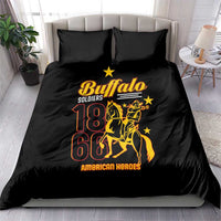 Black duvet cover with Buffalo Soldiers 18 66 graphic and two black pillowcases.