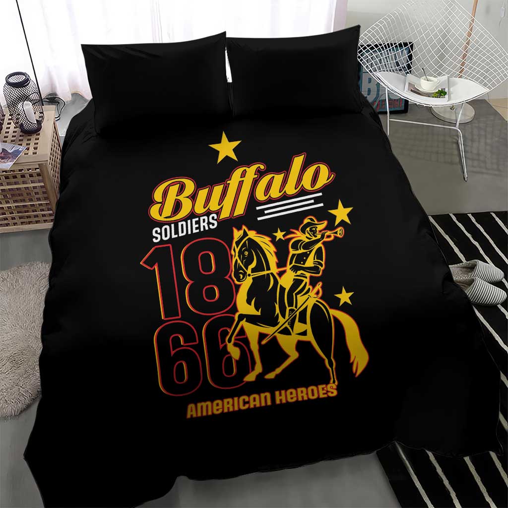 Black bedding duvet with Buffalo Soldiers emblem, yellow/red 18 66 print, two pillow shams.