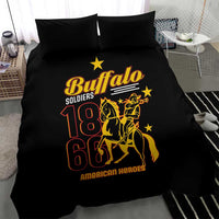 Black bedding duvet with Buffalo Soldiers emblem, yellow/red 18 66 print, two pillow shams.