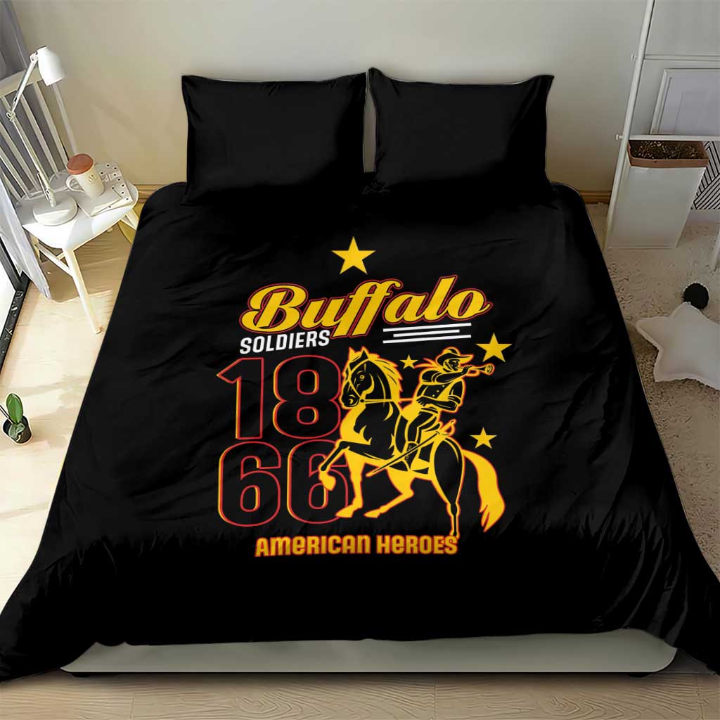 Black duvet cover with Buffalo Soldiers 18 66 graphic, two matching black pillow shams.
