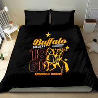 Black duvet cover with Buffalo Soldiers 18 66 graphic, two matching black pillow shams.