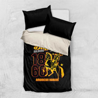 Black and white duvet cover with Buffalo Soldiers 18 66 graphic, two pillowcases.