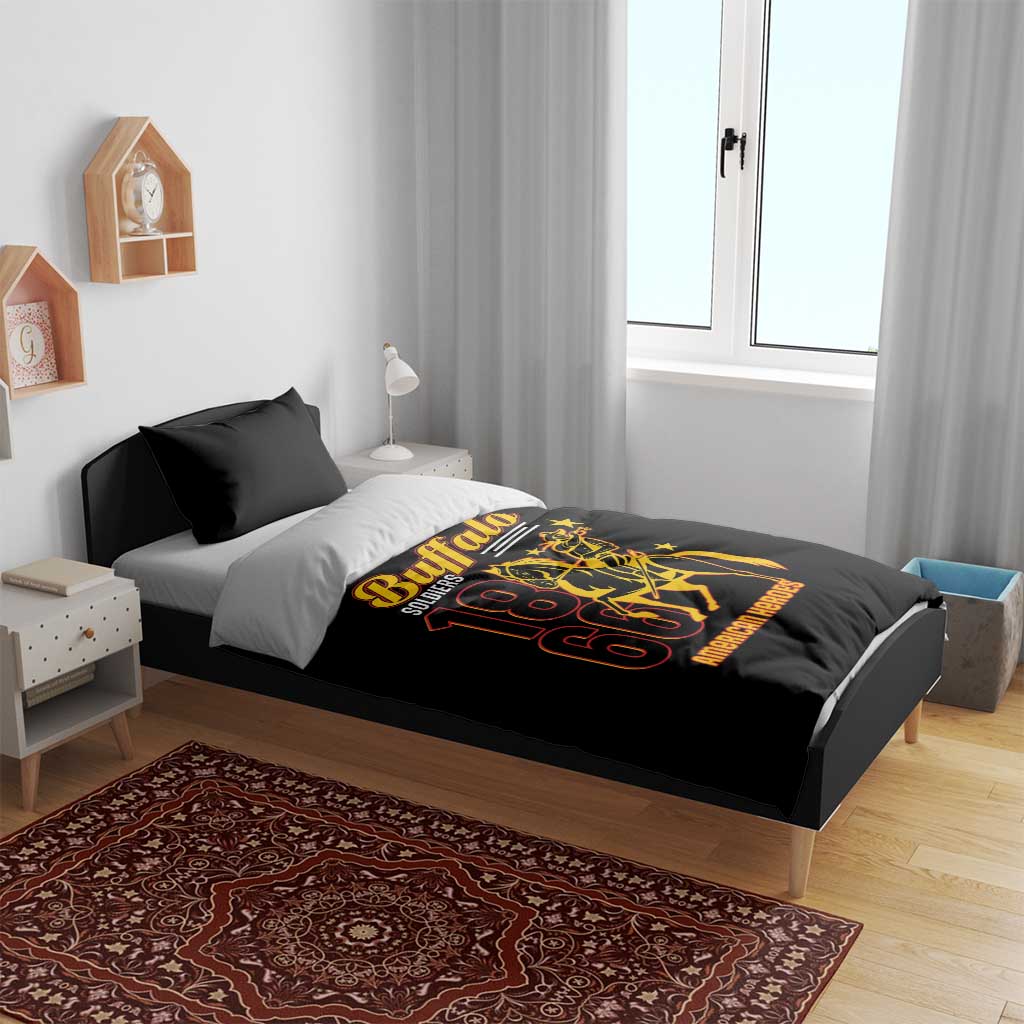 Black duvet cover set with Buffalo Soldiers 18 66 graphic, on a bed with two pillow shams.