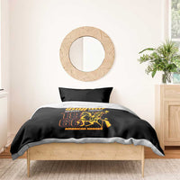 Black duvet cover with Buffalo Soldiers 18 66 graphic and one matching pillowcase on bed.