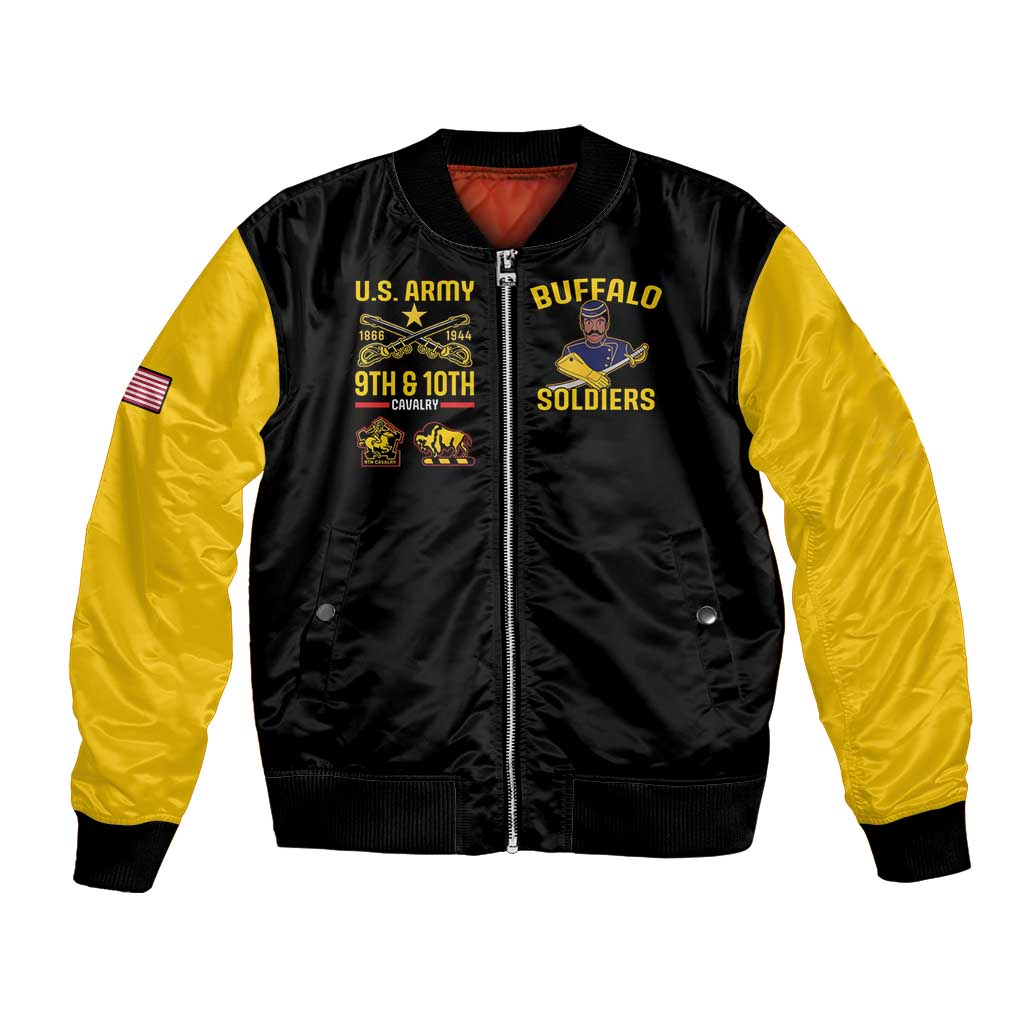 Black bomber jacket with yellow sleeves, front zip, U.S. Army and Buffalo Soldiers patches