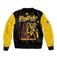 Black bomber jacket with yellow sleeves, back graphic Buffalo Soldiers 9th/10th Cavalry, zip