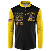 Black and yellow button sweatshirt with U.S. Army and Buffalo Soldiers graphic front.