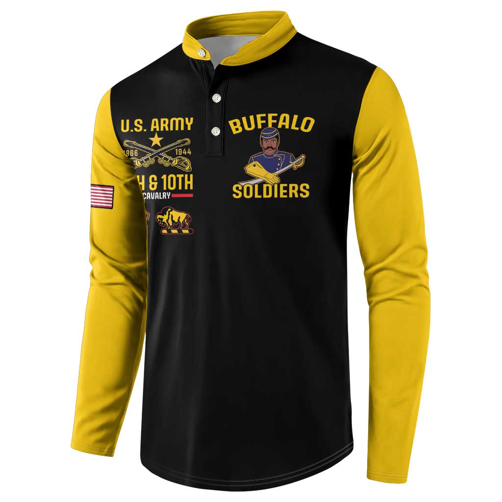 Black and yellow button sweatshirt with U.S. Army and Buffalo Soldiers front graphics.