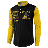 Black and yellow button sweatshirt with U.S. Army and Buffalo Soldiers front graphics.