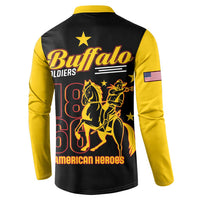 Black and yellow button sweatshirt with Buffalo Soldiers horse graphic on back.