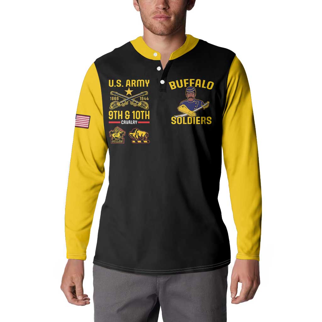 Black button sweatshirt with yellow sleeves and Buffalo Soldiers front print.