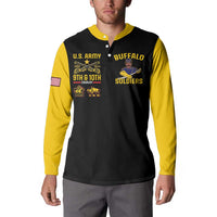 Black button sweatshirt with yellow sleeves and Buffalo Soldiers front print.