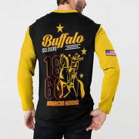 Black button sweatshirt with yellow sleeves and large Buffalo Soldiers graphic on back.
