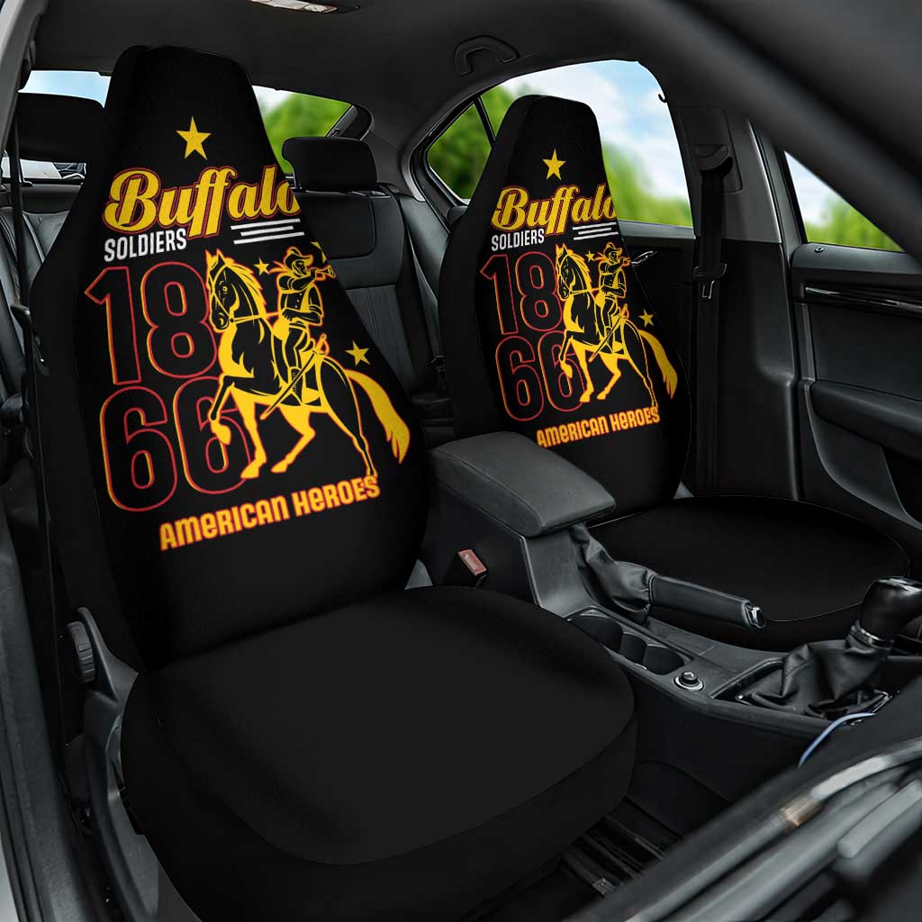Black car seat cover pair with gold Buffalo Soldiers and 1866 American Heroes print