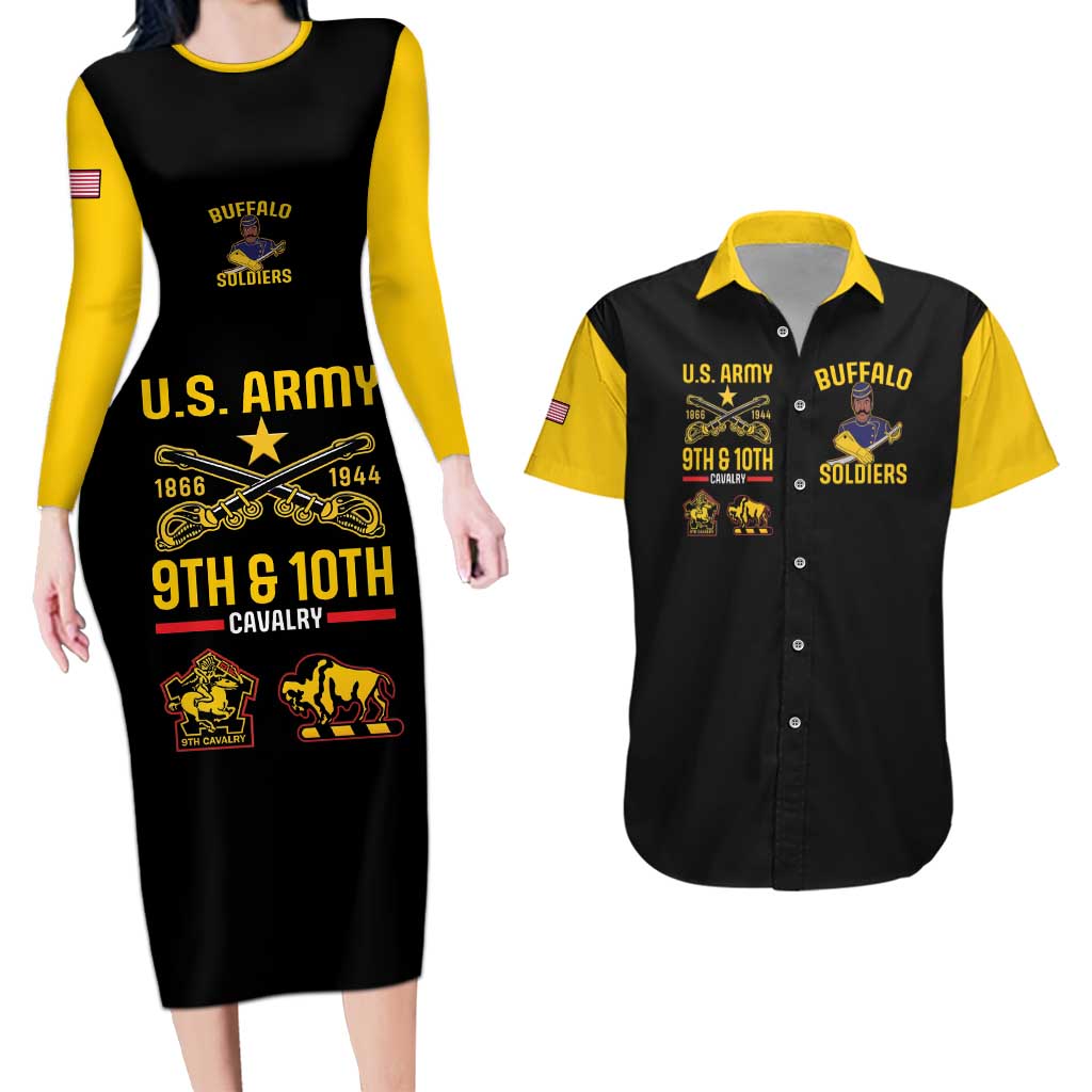 Couples set: black bodycon dress with yellow sleeves; U.S. Army Buffalo Soldiers print