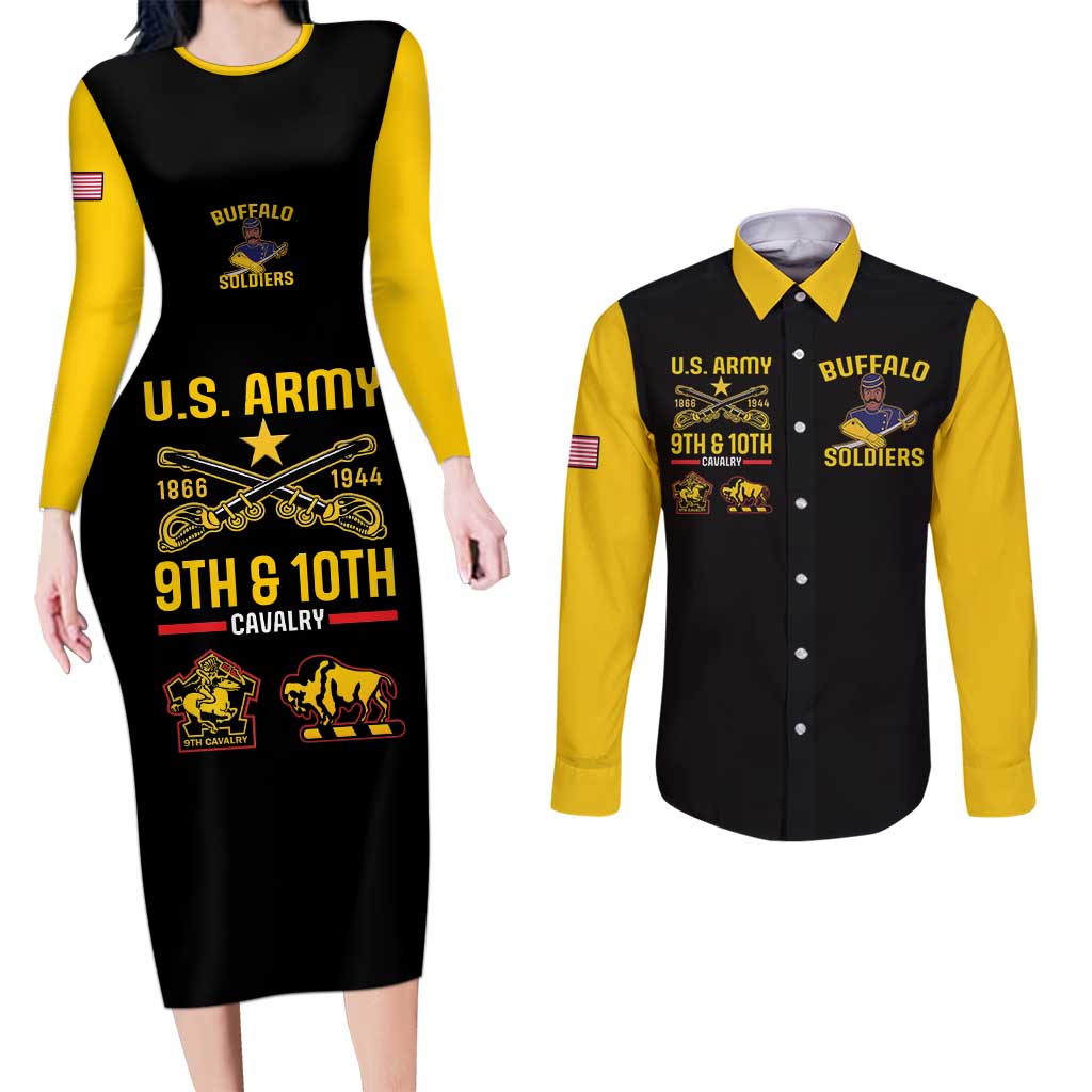 Couples matching black bodycon long-sleeve dress and long-sleeve button shirt, yellow sleeves