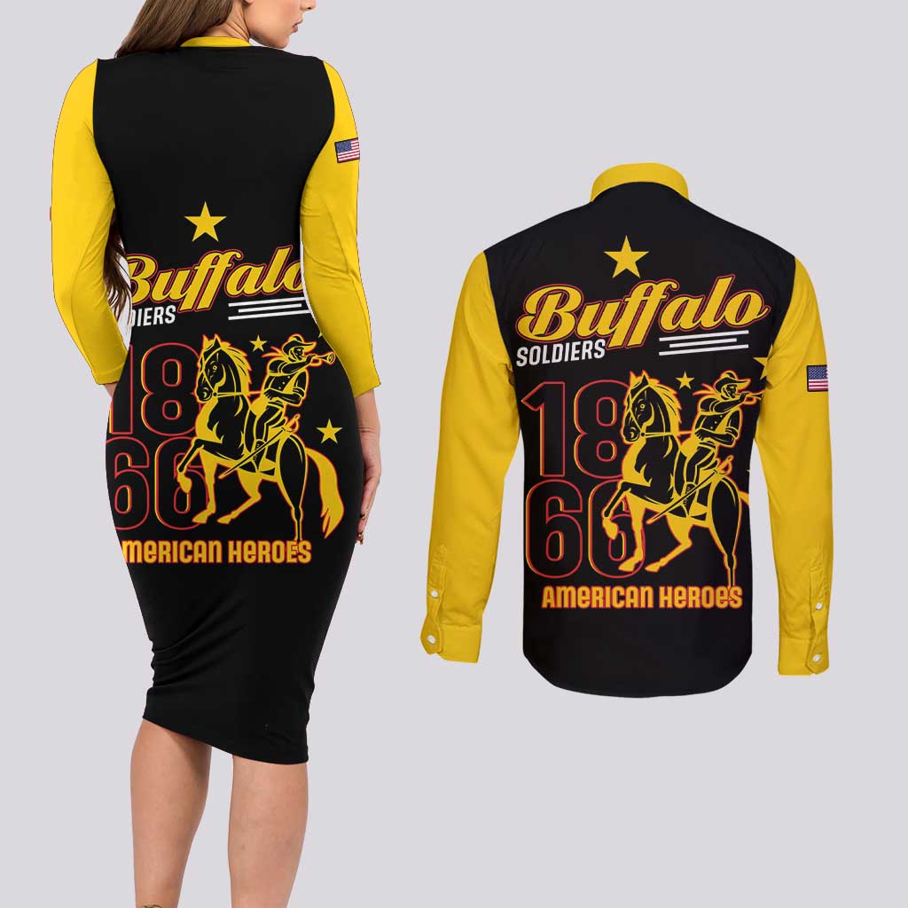 Couples matching black bodycon dress and button shirt, yellow sleeves with back graphics