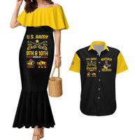 Matching dress and shirt set, black mermaid with yellow off-shoulder ruffle and graphic print