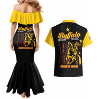 Matching dress and shirt set, black mermaid with yellow off-shoulder and back graphic print