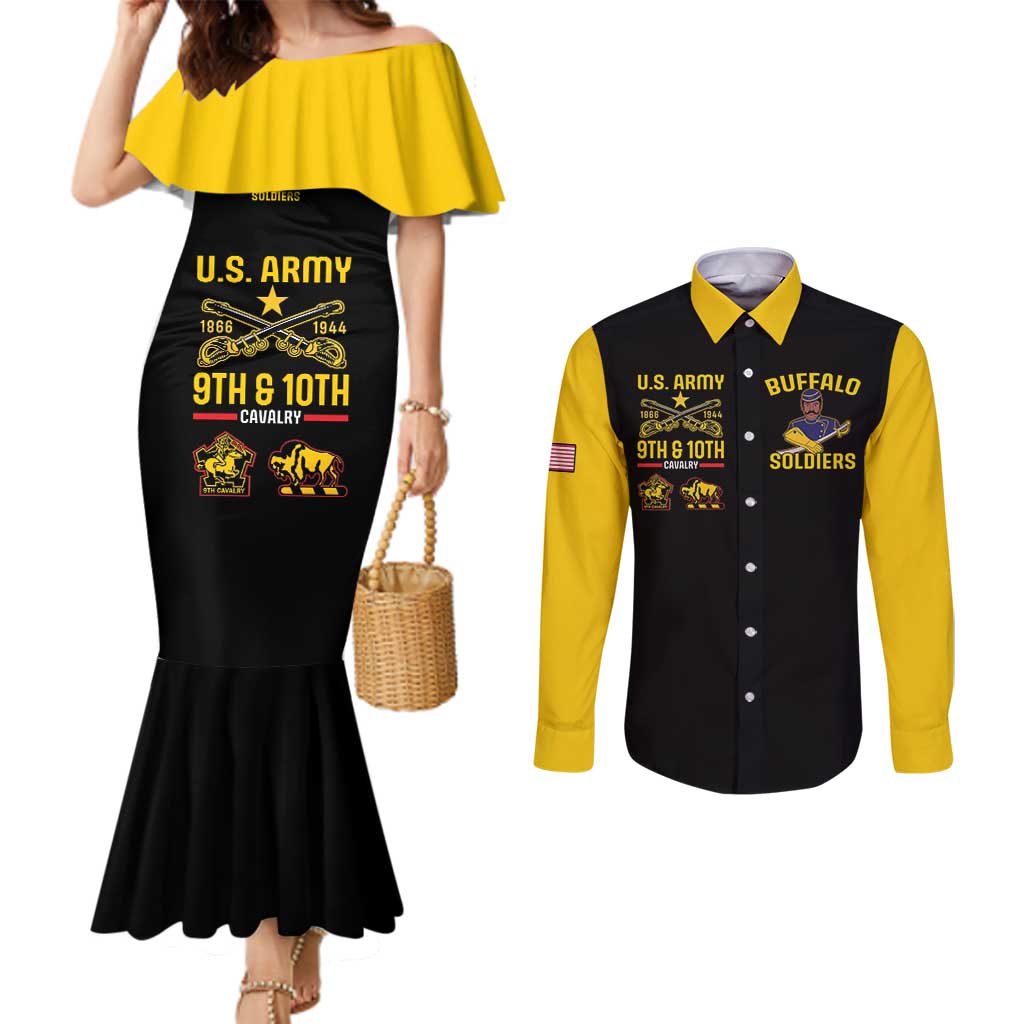Couples mermaid dress and long-sleeve button shirt set: black with yellow ruffle sleeves