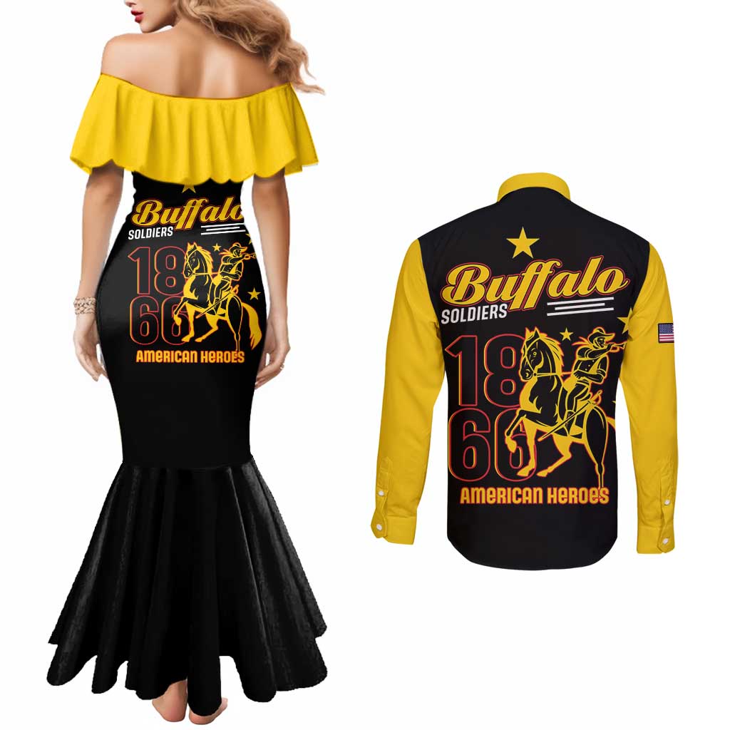 Couples mermaid dress and long-sleeve button shirt set (back): black with yellow ruffle sleeves