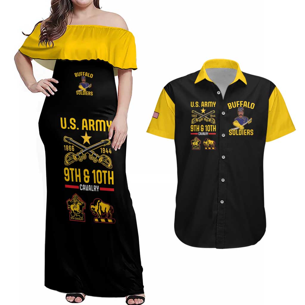 Couples matching set: black off-shoulder maxi dress with yellow ruffle; yellow-collared Hawaiian shirt