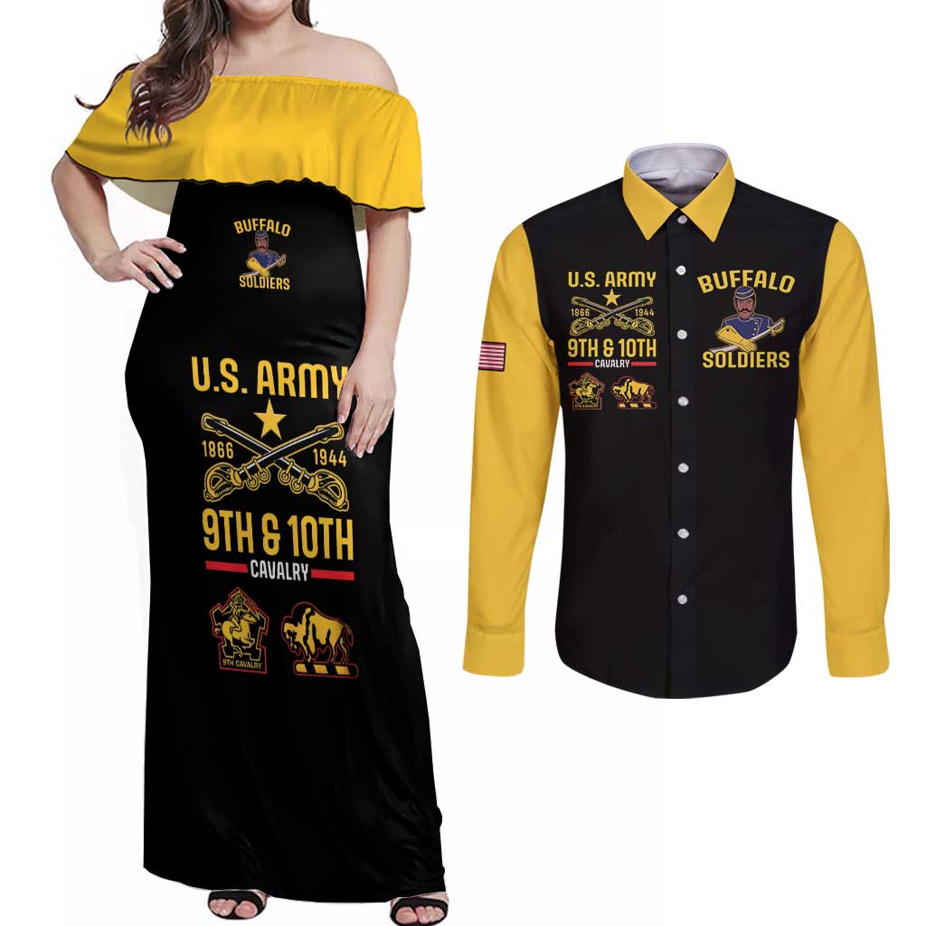 Off-shoulder black maxi dress with yellow trim and U.S. Army print; black-yellow long-sleeve shirt
