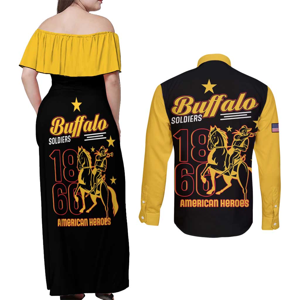 Back view: off-shoulder black maxi dress with yellow neckline; black-yellow long-sleeve shirt print