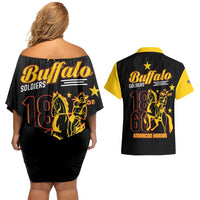 Couples matching off-shoulder short dress and Hawaiian shirt, black with back graphic prints