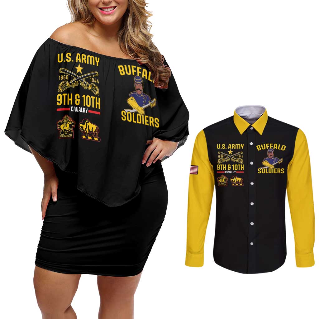 Black off-shoulder short dress and long-sleeve button shirt set with yellow graphic prints