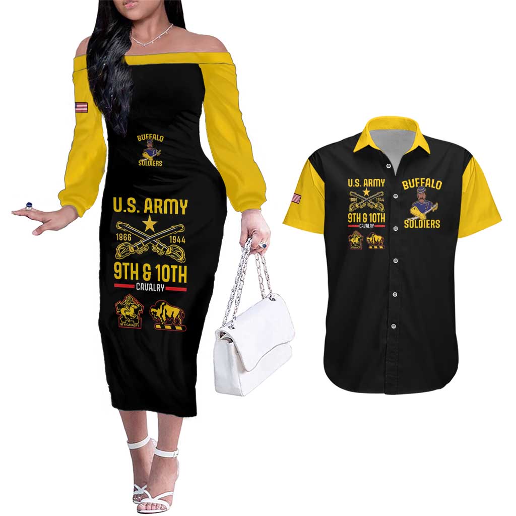 Black off-shoulder long sleeve dress and matching Hawaiian shirt, yellow trim and prints.
