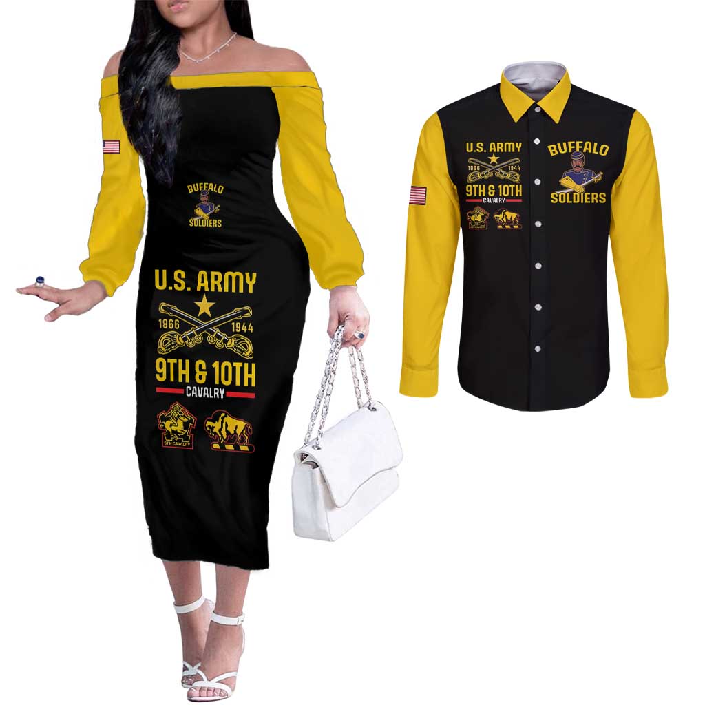 Matching couples off-shoulder dress and button-up shirt, black/yellow sleeves with graphics