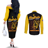 Matching couples off-shoulder dress and button-up shirt, back graphics on black with yellow sleeves