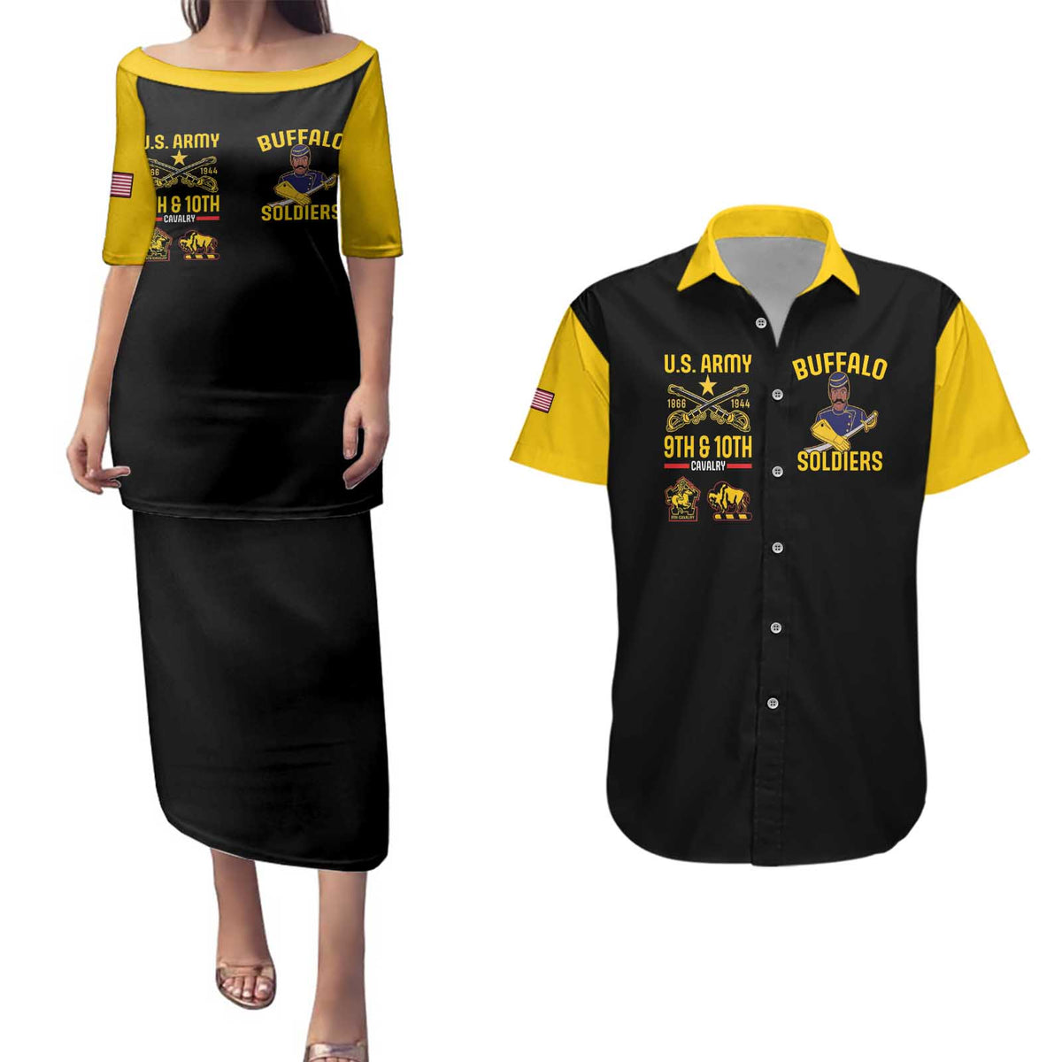 Couples matching black puletasi dress and yellow-collar Hawaiian shirt, front graphic prints