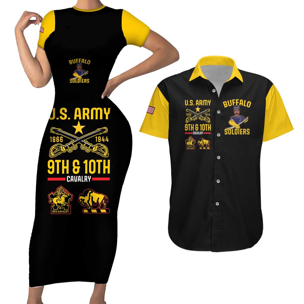 Black bodycon dress with yellow sleeves and front graphic; matching black Hawaiian shirt