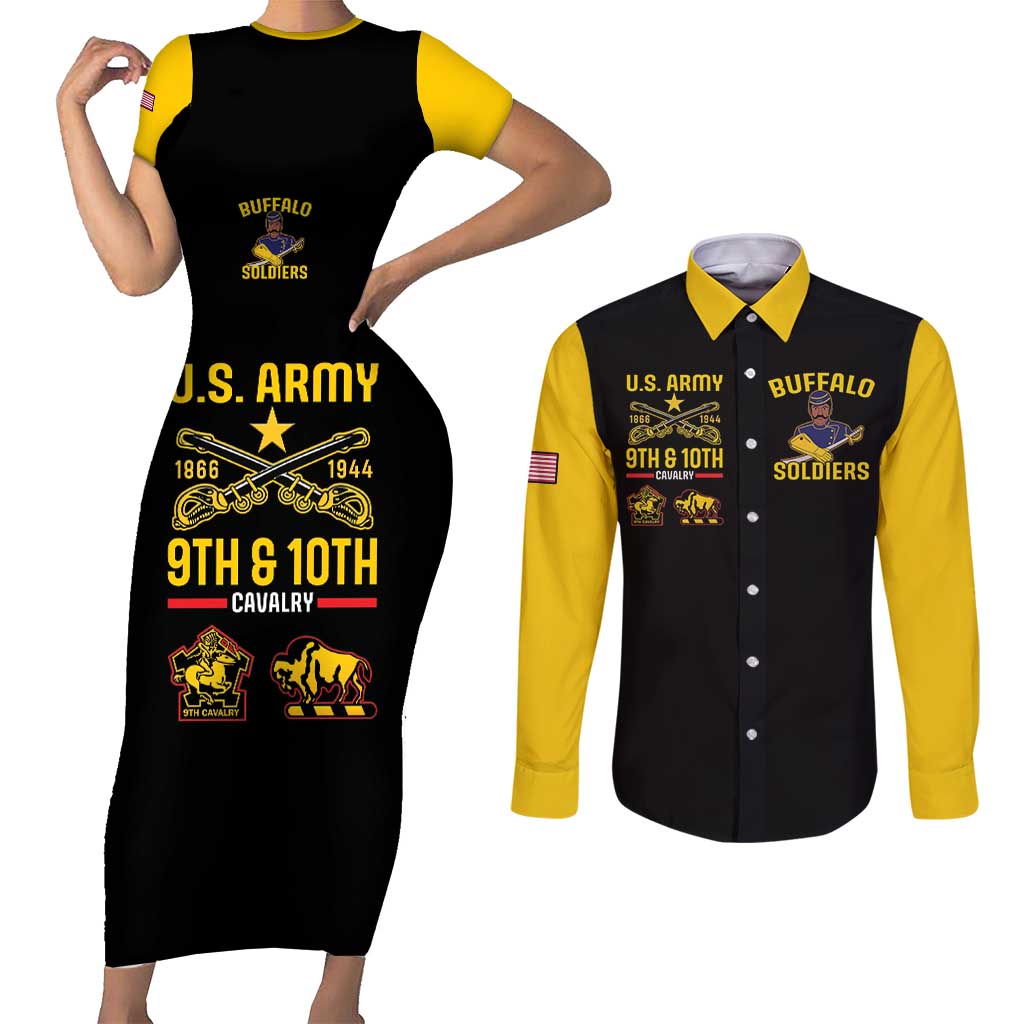 Black bodycon short-sleeve dress with yellow panels, paired with black-and-yellow button shirt