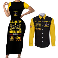 Black bodycon short-sleeve dress with yellow panels, paired with black-and-yellow button shirt
