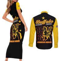Black bodycon short-sleeve dress and black-and-yellow long-sleeve button shirt with back graphic