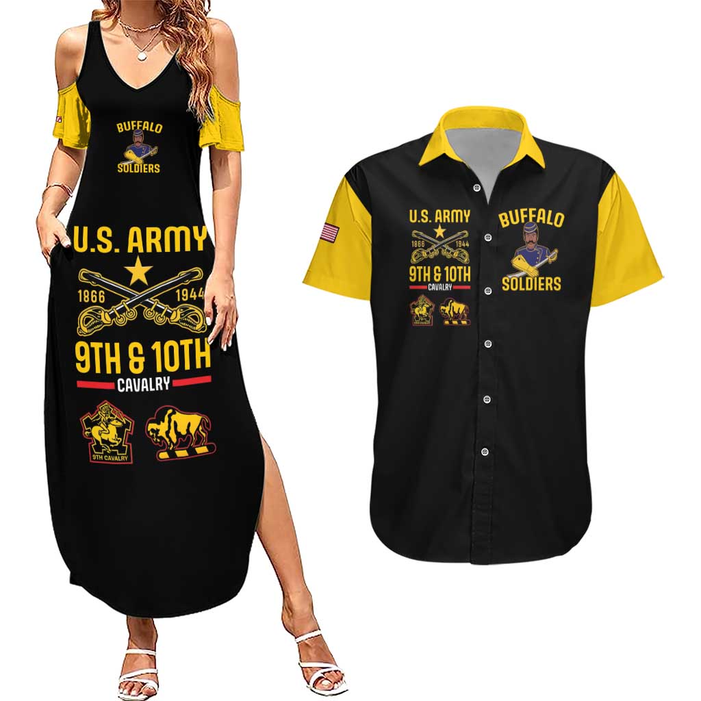 Black sleeveless maxi dress with American hero graphic, paired with black/yellow button shirt