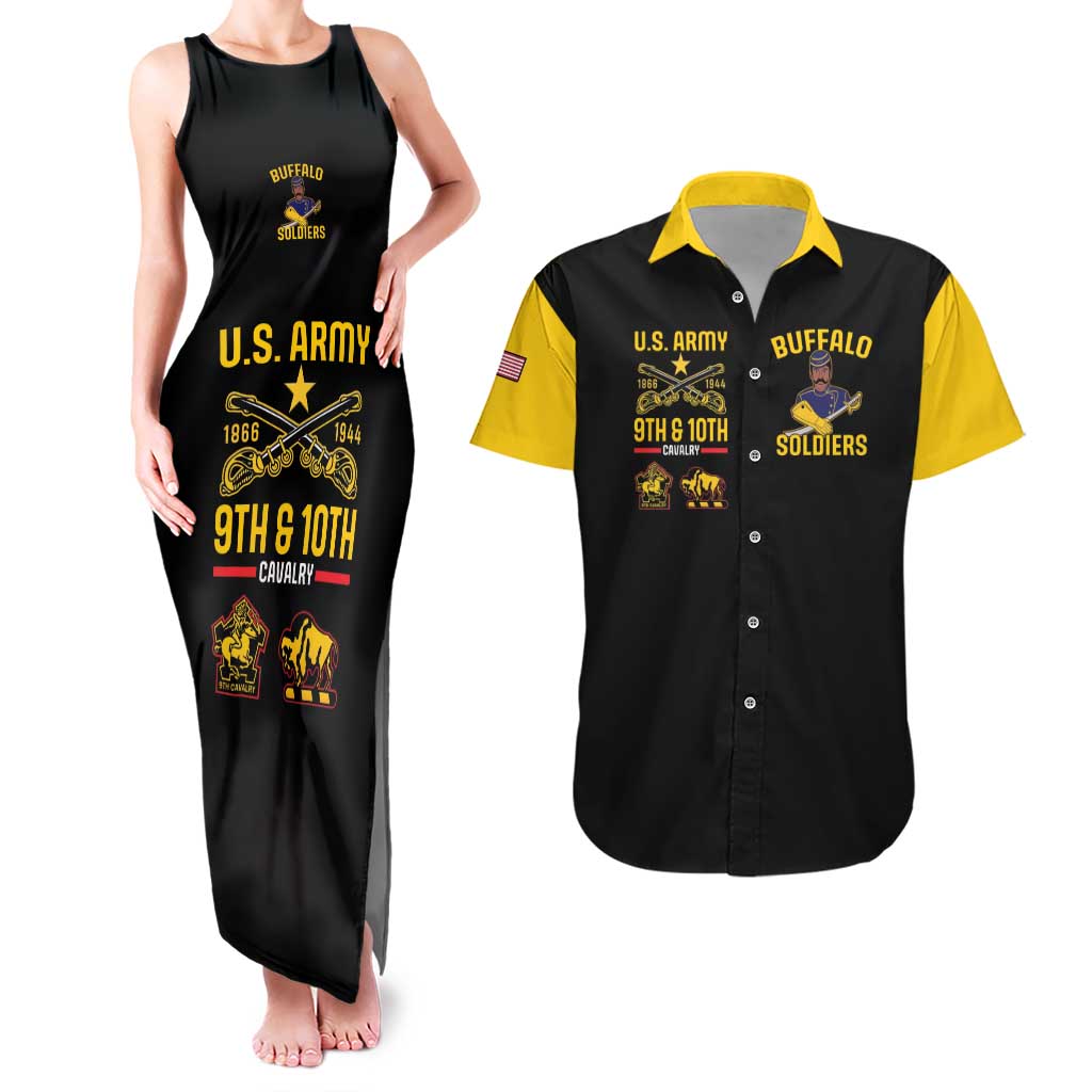 Black tank maxi dress and black short-sleeve button Hawaiian shirt set, yellow graphic
