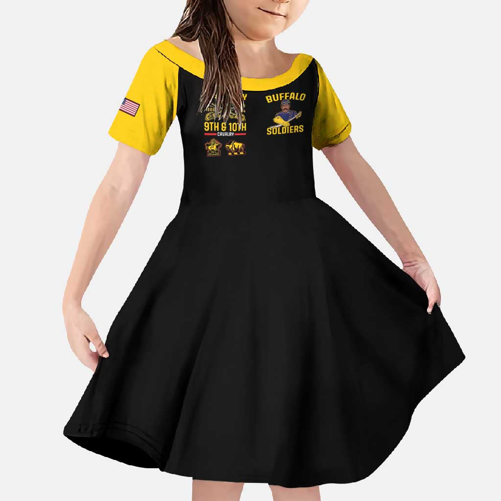 Girls short-sleeve dress, yellow trim sleeves, Buffalo 9th & 10th Soldiers graphic