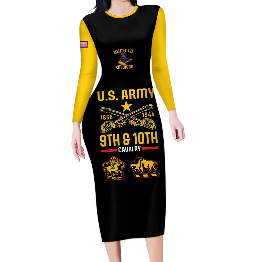 Black and yellow long sleeve bodycon dress with Buffalo Soldiers 9th & 10th print