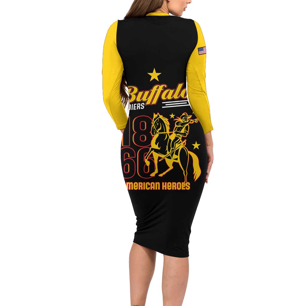 Black and yellow back graphic long sleeve bodycon dress with Buffalo Soldiers 1866–1944