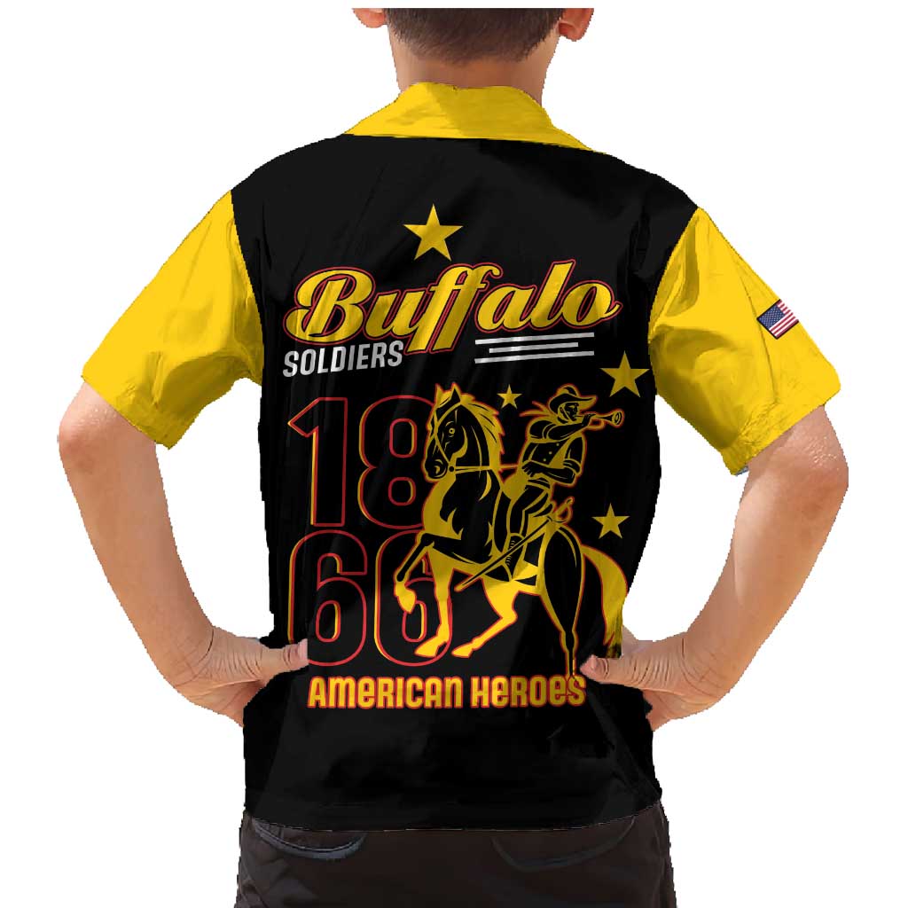 Black short-sleeve Hawaiian shirt with yellow trim, Buffalo Soldiers 1868/1863 back graphic